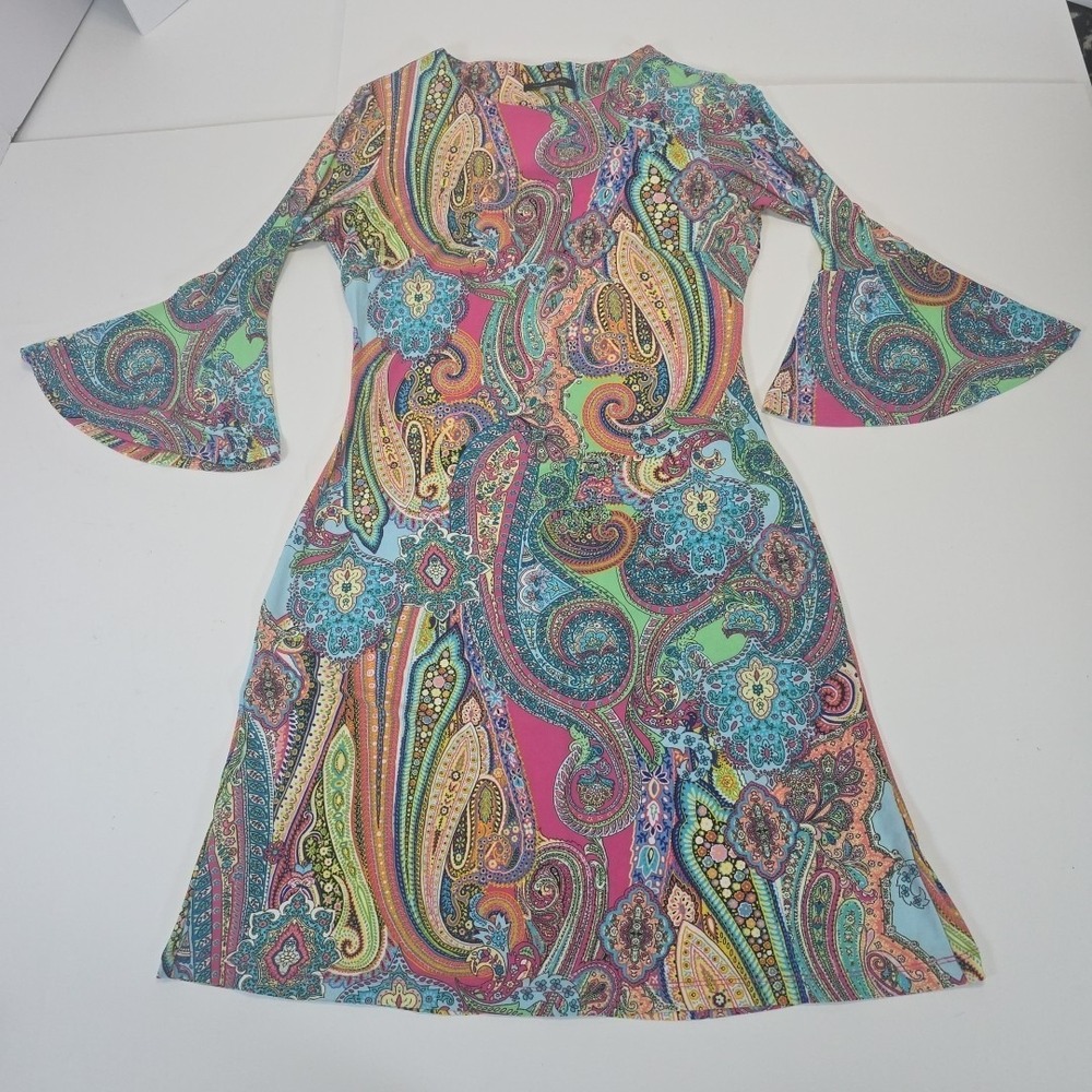 Tommy Hilfiger Flowy Silky Feel Long Sleeve Paisley Colorful Dress Size 2